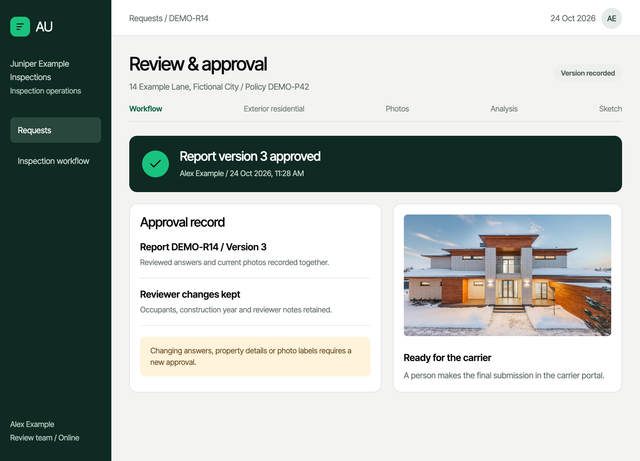 The review and approval screen for one inspection report: a reviewer’s recorded approval, the approval record and a photo of the house.